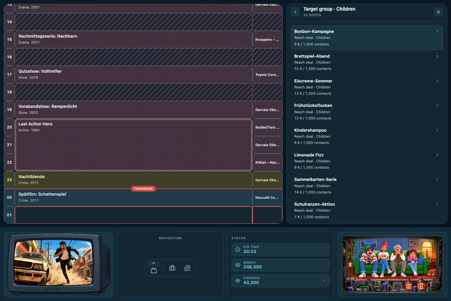 Ad sales: list of available advertising contracts